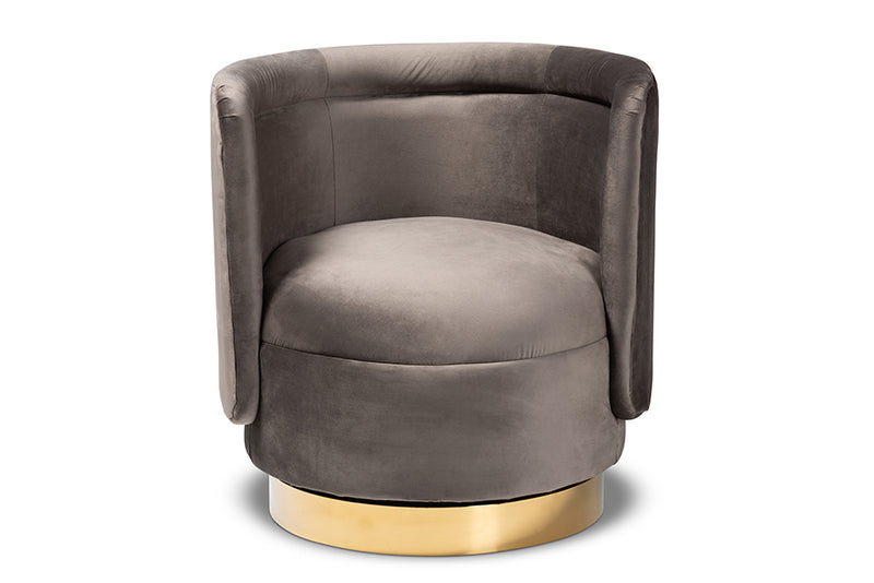 Violet Glam and Luxe Gray Velvet Fabric Upholstered Gold Finished Swivel Accent Chair