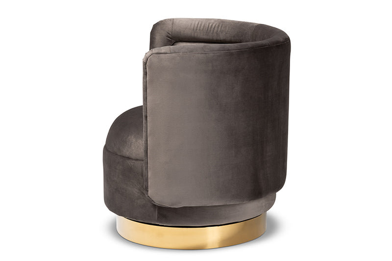 Violet Glam and Luxe Gray Velvet Fabric Upholstered Gold Finished Swivel Accent Chair