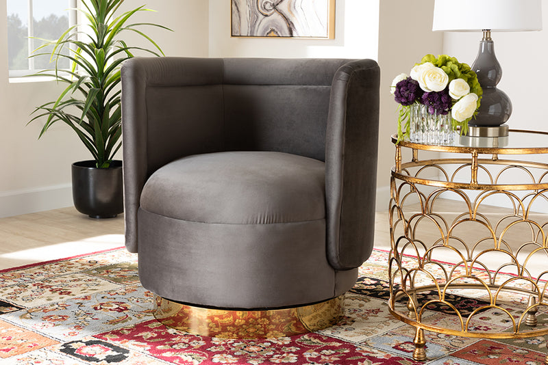 Violet Glam and Luxe Gray Velvet Fabric Upholstered Gold Finished Swivel Accent Chair