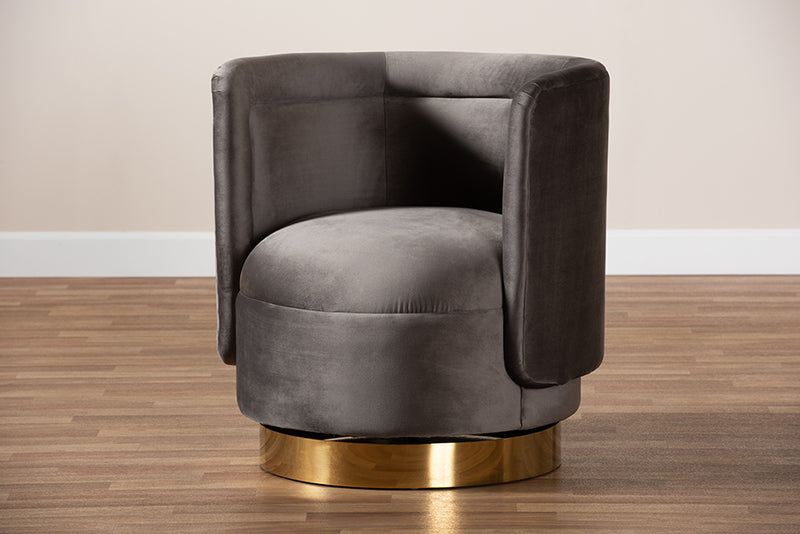 Violet Glam and Luxe Gray Velvet Fabric Upholstered Gold Finished Swivel Accent Chair