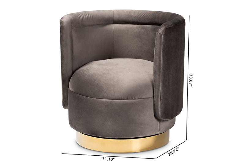 Violet Glam and Luxe Gray Velvet Fabric Upholstered Gold Finished Swivel Accent Chair