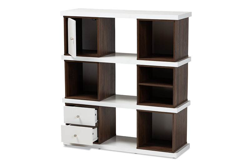 Aria Modern and Contemporary Two-Tone White and Walnut Brown Finished 2-Drawer Bookcase