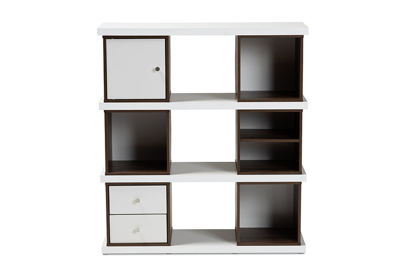 Aria Modern and Contemporary Two-Tone White and Walnut Brown Finished 2-Drawer Bookcase