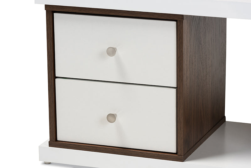 Aria Modern and Contemporary Two-Tone White and Walnut Brown Finished 2-Drawer Bookcase