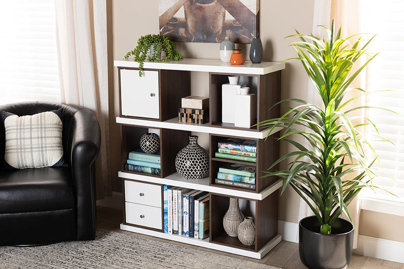 Aria Modern and Contemporary Two-Tone White and Walnut Brown Finished 2-Drawer Bookcase