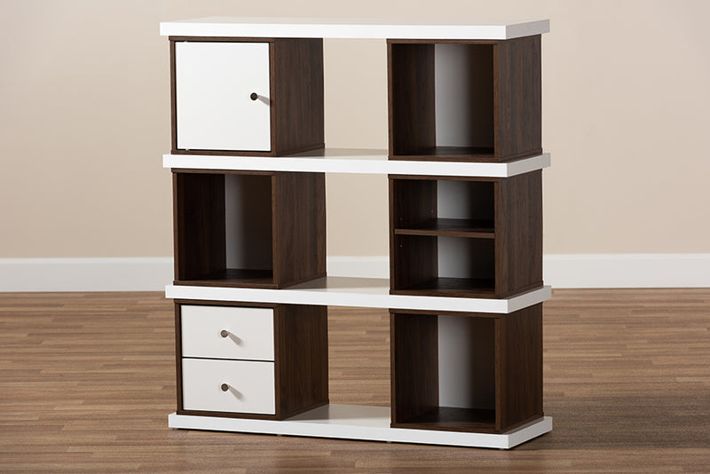 Aria Modern and Contemporary Two-Tone White and Walnut Brown Finished 2-Drawer Bookcase