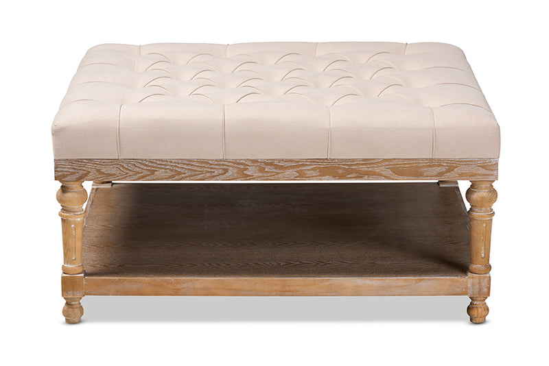 Chaela Modern and Rustic Beige Linen Fabric Upholstered and Greywashed Wood Cocktail Ottoman