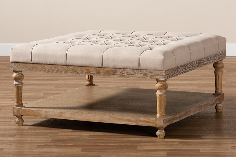 Chaela Modern and Rustic Beige Linen Fabric Upholstered and Greywashed Wood Cocktail Ottoman