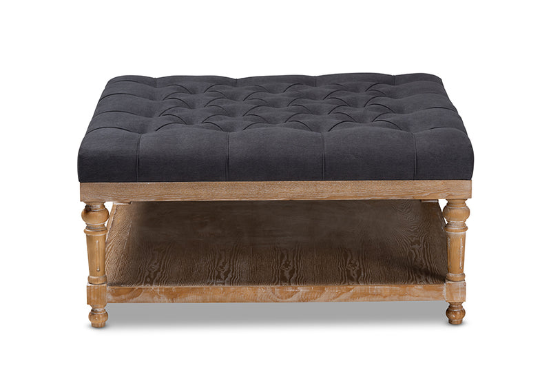 Chaela Modern and Rustic Charcoal Linen Fabric Upholstered and Greywashed Wood Cocktail Ottoman