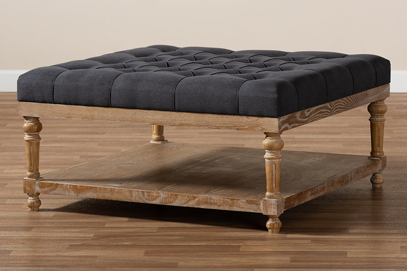 Chaela Modern and Rustic Charcoal Linen Fabric Upholstered and Greywashed Wood Cocktail Ottoman