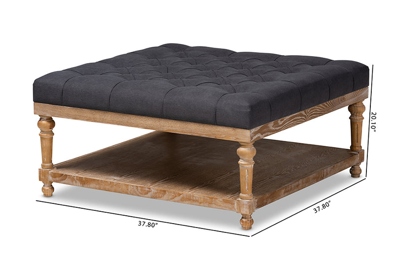 Chaela Modern and Rustic Charcoal Linen Fabric Upholstered and Greywashed Wood Cocktail Ottoman