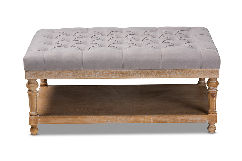 Franklin Modern and Rustic Gray Linen Fabric Upholstered and Greywashed Wood Cocktail Ottoman