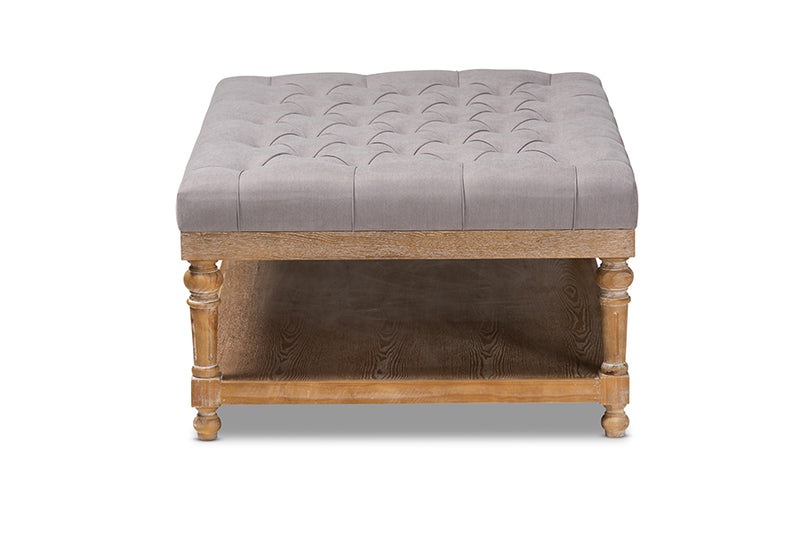 Franklin Modern and Rustic Gray Linen Fabric Upholstered and Greywashed Wood Cocktail Ottoman