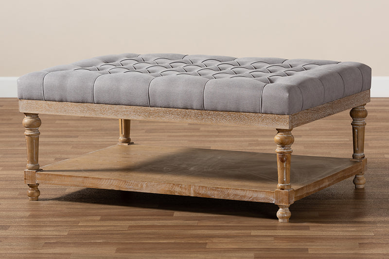 Franklin Modern and Rustic Gray Linen Fabric Upholstered and Greywashed Wood Cocktail Ottoman