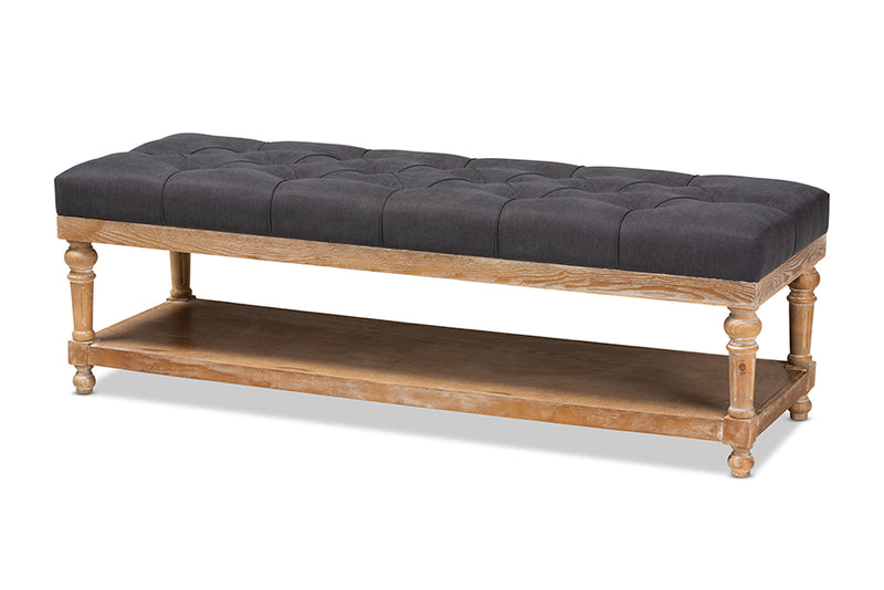 Vida Modern and Rustic Charcoal Linen Fabric Upholstered and Greywashed Wood Storage Bench