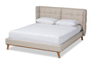 Candace Light Beige Fabric Walnut Brown King Size Platform Wingback Bed Baxton