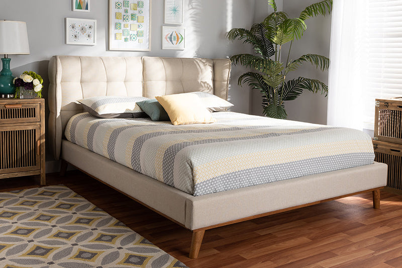 Candace Light Beige Fabric Walnut Brown Queen Size Platform Wingback Bed Baxton