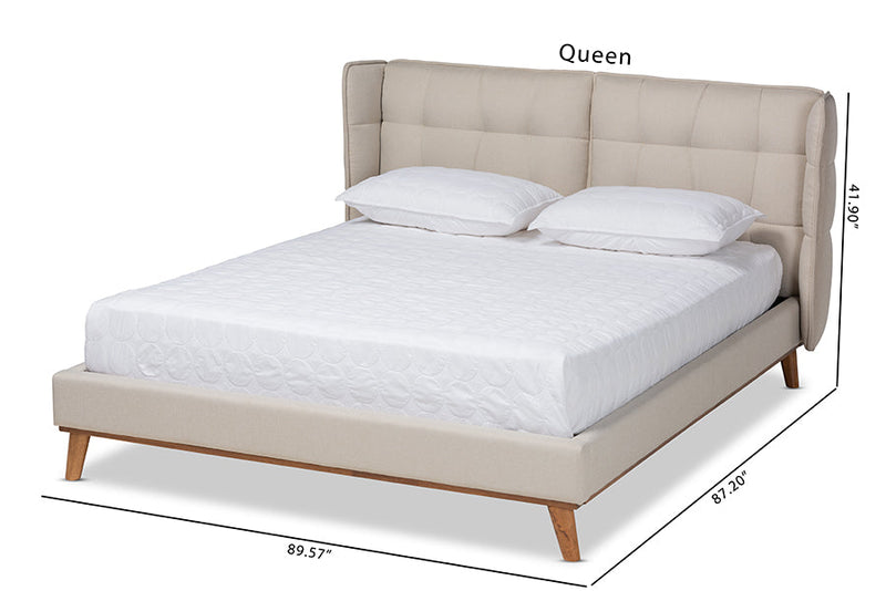 Candace Light Beige Fabric Walnut Brown Queen Size Platform Wingback Bed Baxton