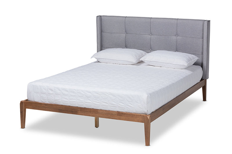 Nura Modern and Contemporary Gray Fabric Upholstered and Ash Walnut Brown Finished Wood Full Size Platform Bed