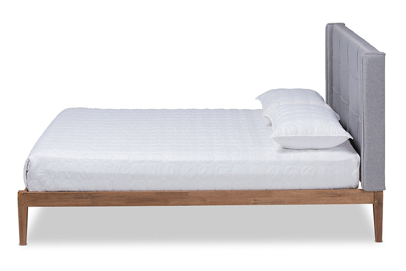 Nura Modern and Contemporary Gray Fabric Upholstered and Ash Walnut Brown Finished Wood Full Size Platform Bed