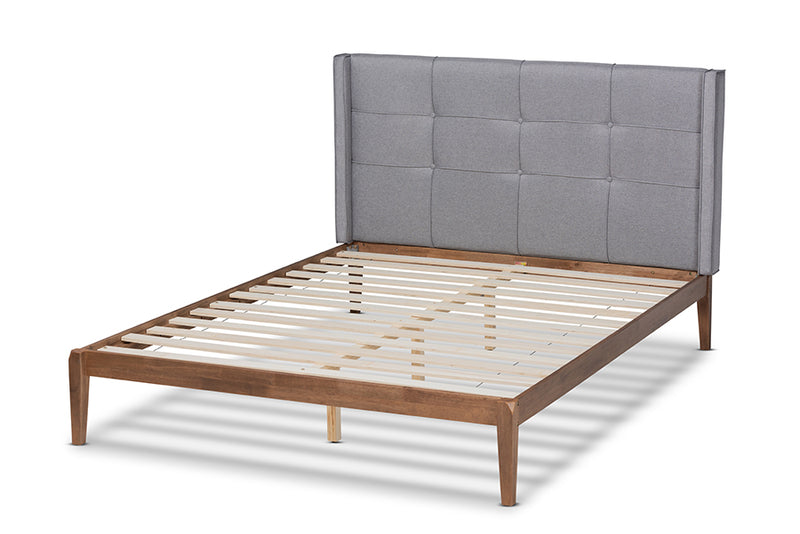 Nura Modern and Contemporary Gray Fabric Upholstered and Ash Walnut Brown Finished Wood Full Size Platform Bed