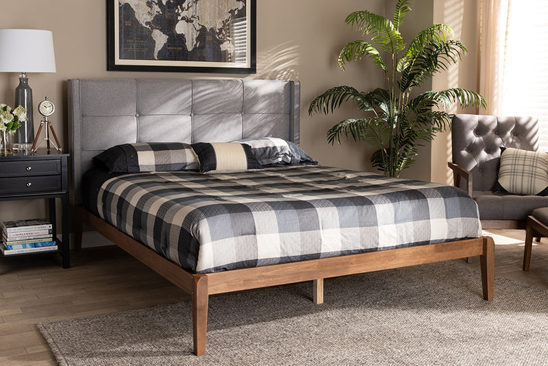 Nura Modern and Contemporary Gray Fabric Upholstered and Ash Walnut Brown Finished Wood Full Size Platform Bed