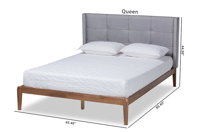 Nura Modern and Contemporary Gray Fabric Upholstered and Ash Walnut Brown Finished Wood Full Size Platform Bed