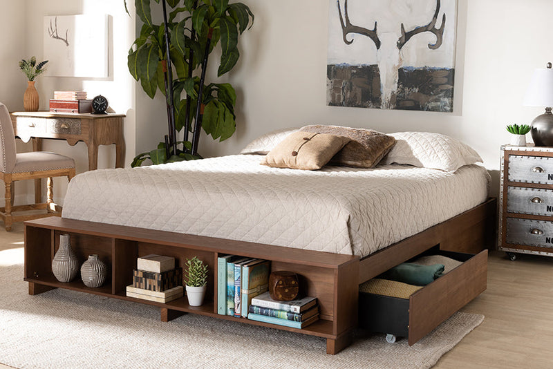 Michi Ash Walnut Brown King Size Platform Bed w/Shelves Baxton