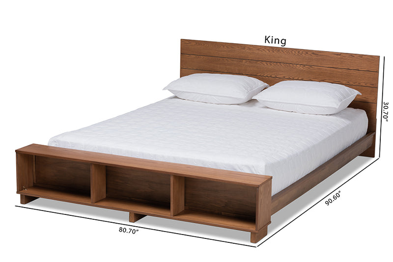 Alleta Modern Rustic Ash Walnut Brown Finished Wood King Size Platform Storage Bed w/Built-In Shelves