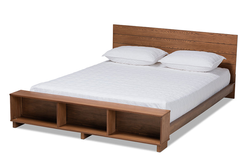 Alleta Modern Rustic Ash Walnut Brown Finished Wood Queen Size Platform Storage Bed w/Built-In Shelves