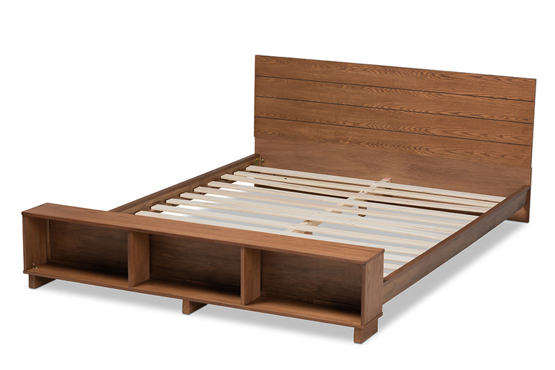 Alleta Modern Rustic Ash Walnut Brown Finished Wood Queen Size Platform Storage Bed w/Built-In Shelves