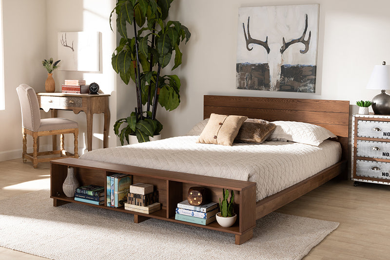 Alleta Modern Rustic Ash Walnut Brown Finished Wood Queen Size Platform Storage Bed w/Built-In Shelves