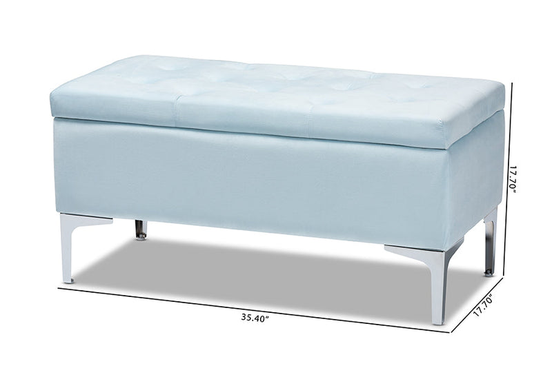 Nicola Light Blue Velvet Fabric Upholstered Silver Finished Storage Ottoman Baxton