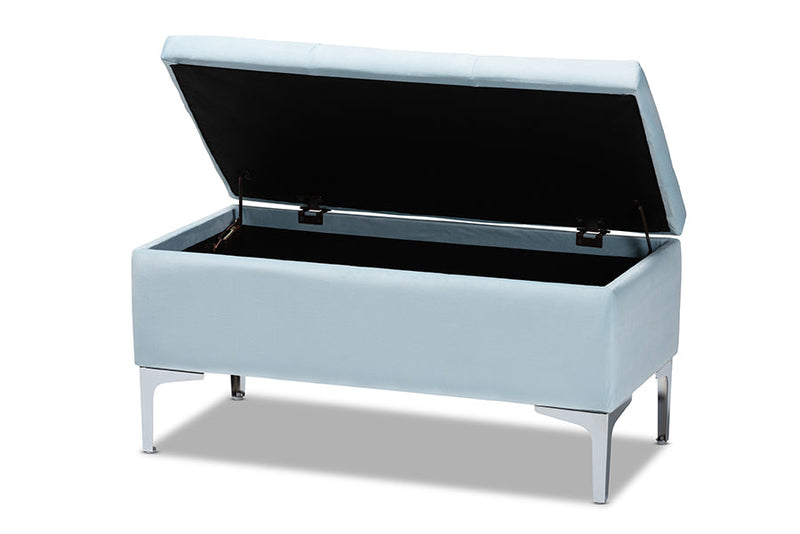 Nicola Light Blue Velvet Fabric Upholstered Silver Finished Storage Ottoman Baxton