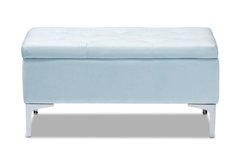 Nicola Light Blue Velvet Fabric Upholstered Silver Finished Storage Ottoman Baxton
