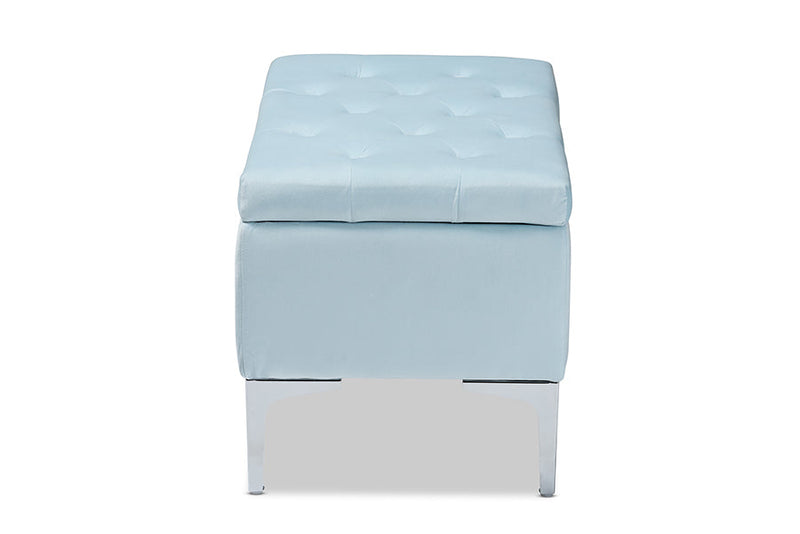 Nicola Light Blue Velvet Fabric Upholstered Silver Finished Storage Ottoman Baxton