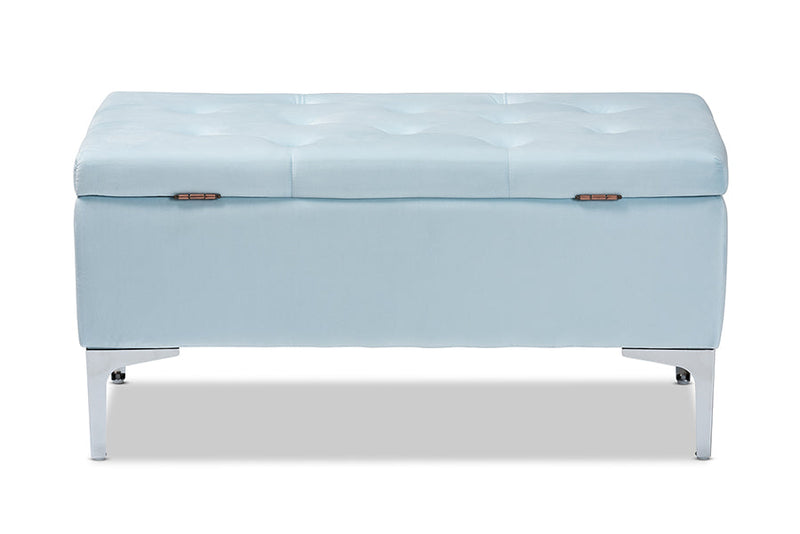 Nicola Light Blue Velvet Fabric Upholstered Silver Finished Storage Ottoman Baxton