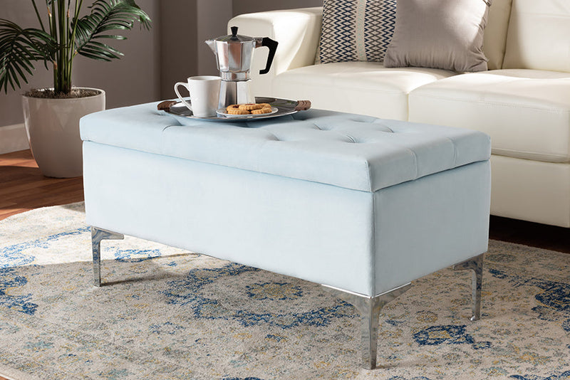 Nicola Light Blue Velvet Fabric Upholstered Silver Finished Storage Ottoman Baxton