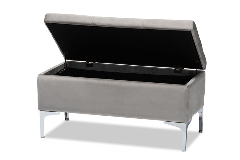Nicola Gray Velvet Fabric Upholstered Silver Finished Storage Ottoman Baxton