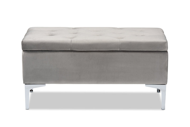 Nicola Gray Velvet Fabric Upholstered Silver Finished Storage Ottoman Baxton