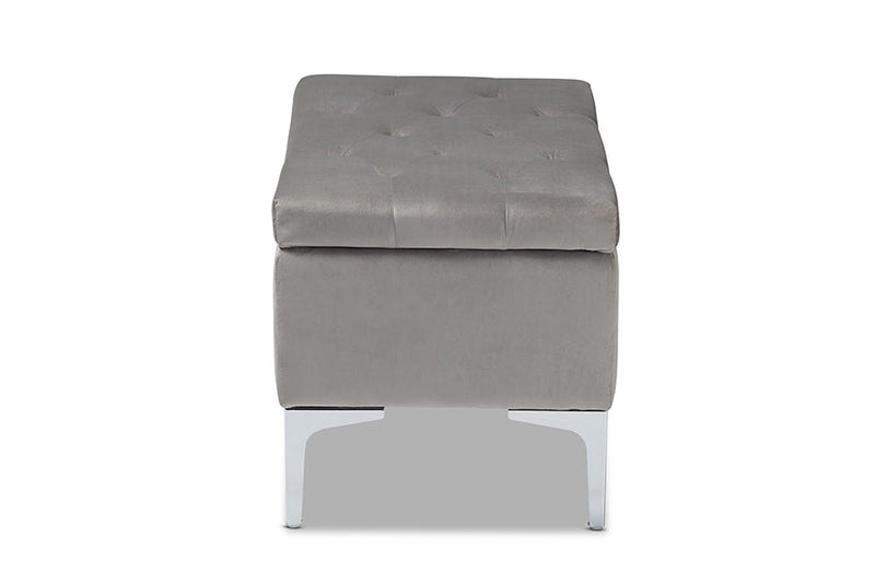 Nicola Gray Velvet Fabric Upholstered Silver Finished Storage Ottoman Baxton
