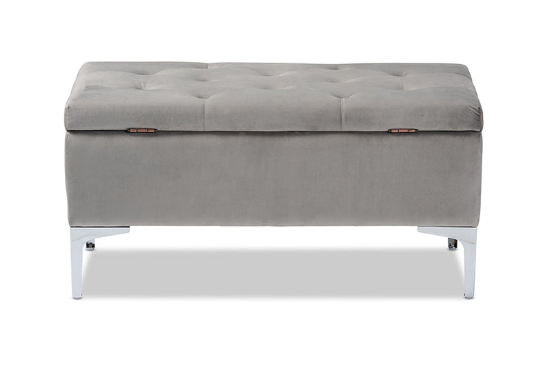 Nicola Gray Velvet Fabric Upholstered Silver Finished Storage Ottoman Baxton