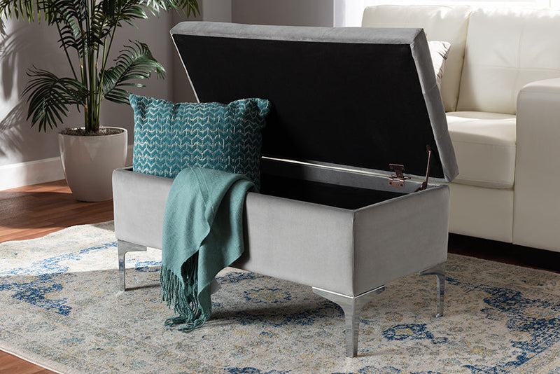 Nicola Gray Velvet Fabric Upholstered Silver Finished Storage Ottoman Baxton