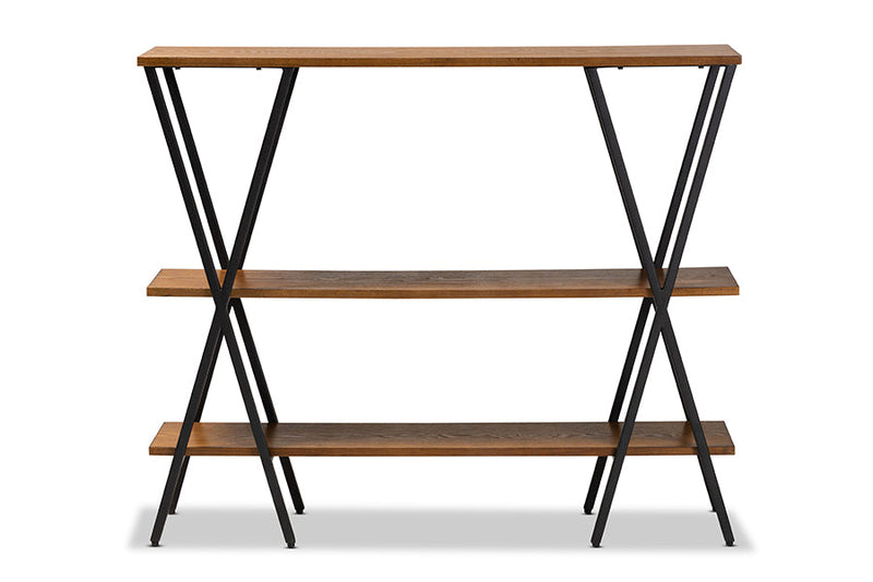 Natalia Walnut Brown and Black Finished Metal Console Table Baxton