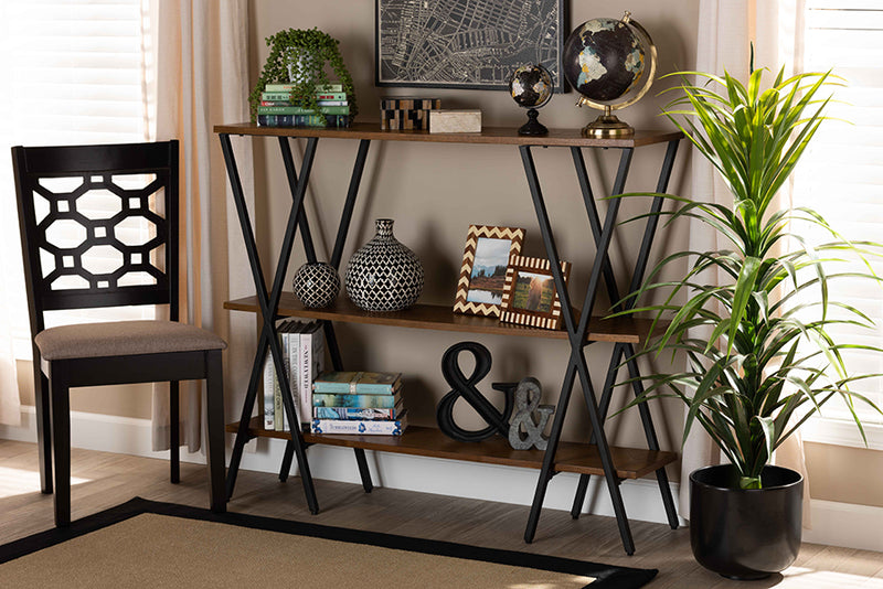 Natalia Rustic and Industrial Walnut Brown Finished Wood and Black Finished Metal Console Table