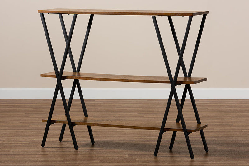 Natalia Walnut Brown and Black Finished Metal Console Table Baxton