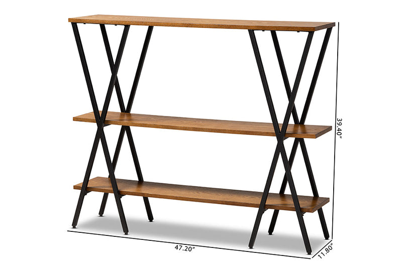 Natalia Walnut Brown and Black Finished Metal Console Table Baxton