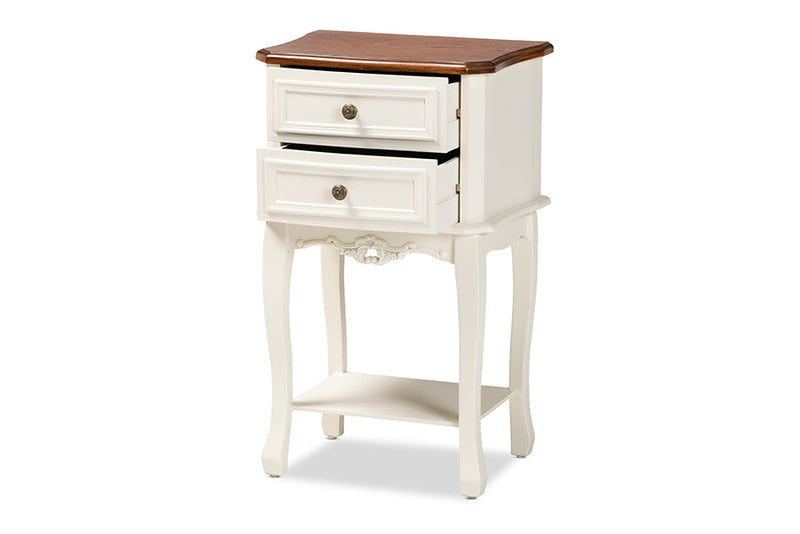 Varen French White and Cherry Brown 2-Drawer End Table Baxton