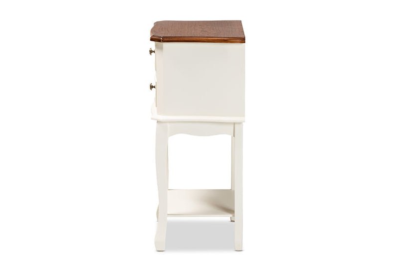 Varen French White and Cherry Brown 2-Drawer End Table Baxton