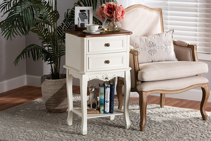 Varen Classic and Traditional French White and Cherry Brown Finished Wood 2-Drawer End Table